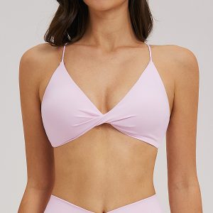 Women Light Pink Twist V Neck Spaghetti Strap Padded Athletic Sports Bra