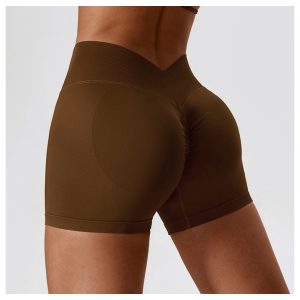 Women Brown V Cut High Waist Butt Lifting Tummy Control Yoga Biker Shorts