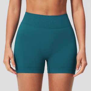 Women Teal High Waist Squat Proof Stretch Slim Workout Cycling Biker Shorts