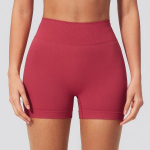 Women Rose Red High Waist Tummy Shaping Athletic Running Yoga Biker Shorts