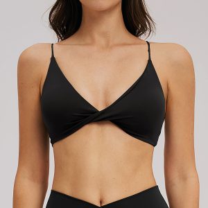 Women Black Twist Front Spaghetti Strap Padded Yoga Sports Bra Top