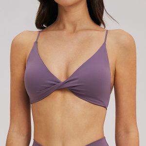 Women Purple Twist Front Thin Strap Padded Workout Athletic Sports Bra