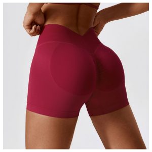 Women Burgundy V Waist High Waist Tummy Control Yoga Biker Shorts