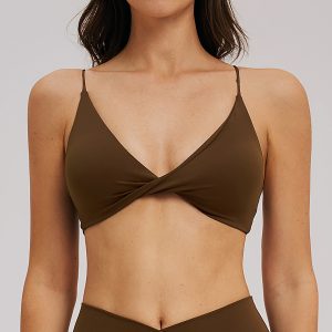 Women Brown Twist V Neck Spaghetti Strap Padded Gym Sports Bra Top
