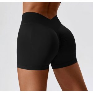 Women Black V-Cut Waist Butt Lifting High Waist Yoga Gym Biker Shorts