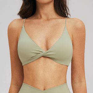 Women Sage Green Twist Front Thin Strap Padded Yoga Sports Bra