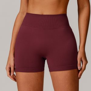 Women Burgundy V Shaped Waist Tummy Lift High Waist Workout Biker Shorts